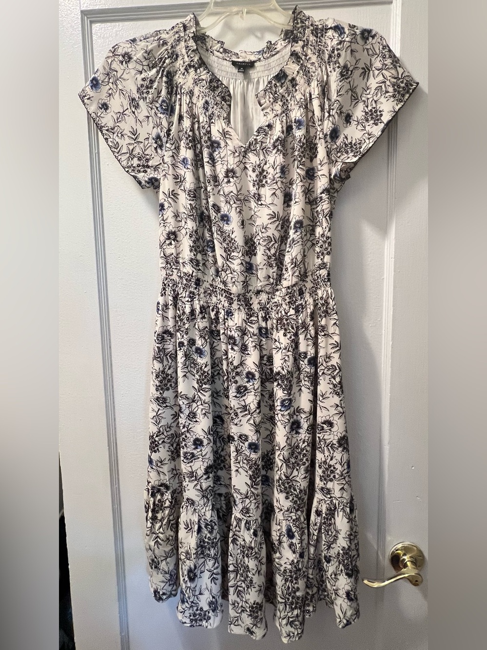 NWOT Floral Smocked Waist Midi Dress - White with Navy Print